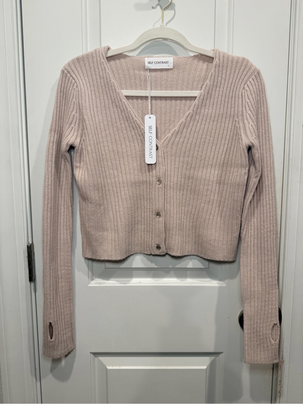 Self Contrast Women's Ribbed V-Neck Cardigan in Tan